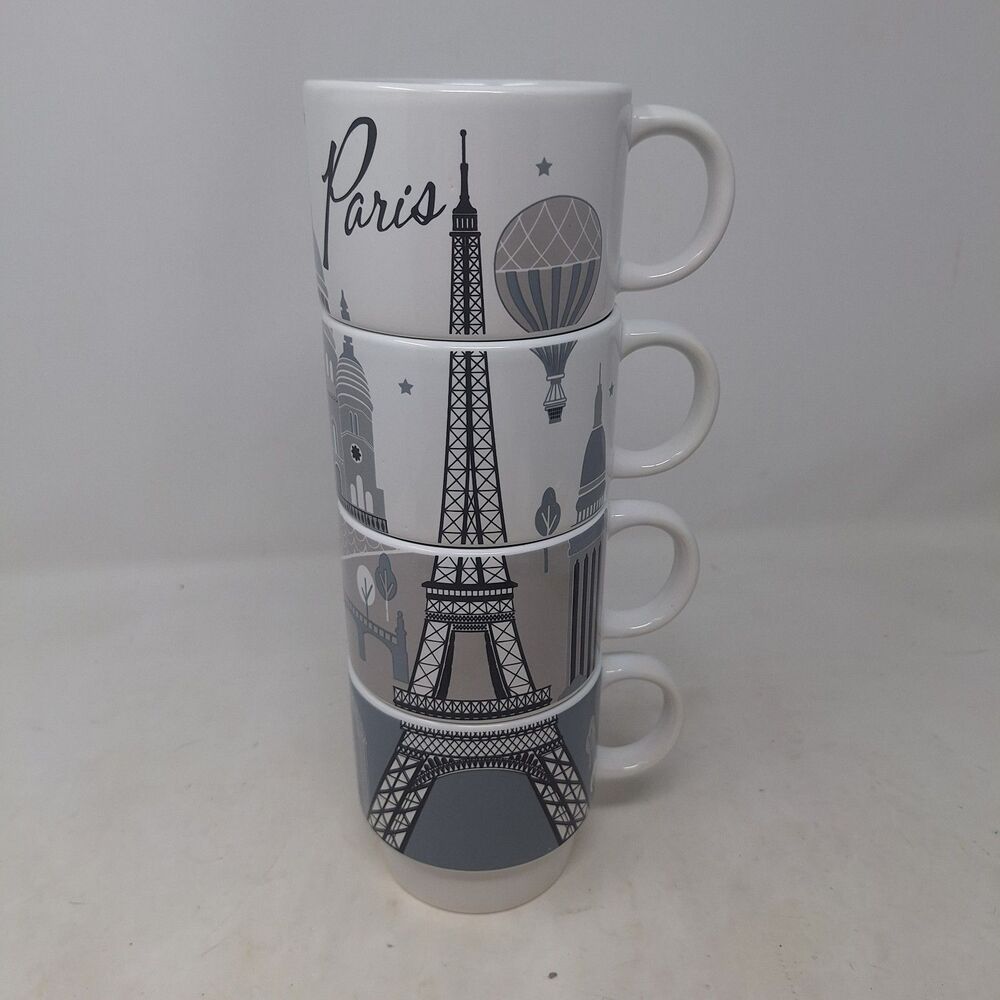 Signature Housewares Set Of 4 Paris Eiffel Tower Stackable Mugs White Ceramic
